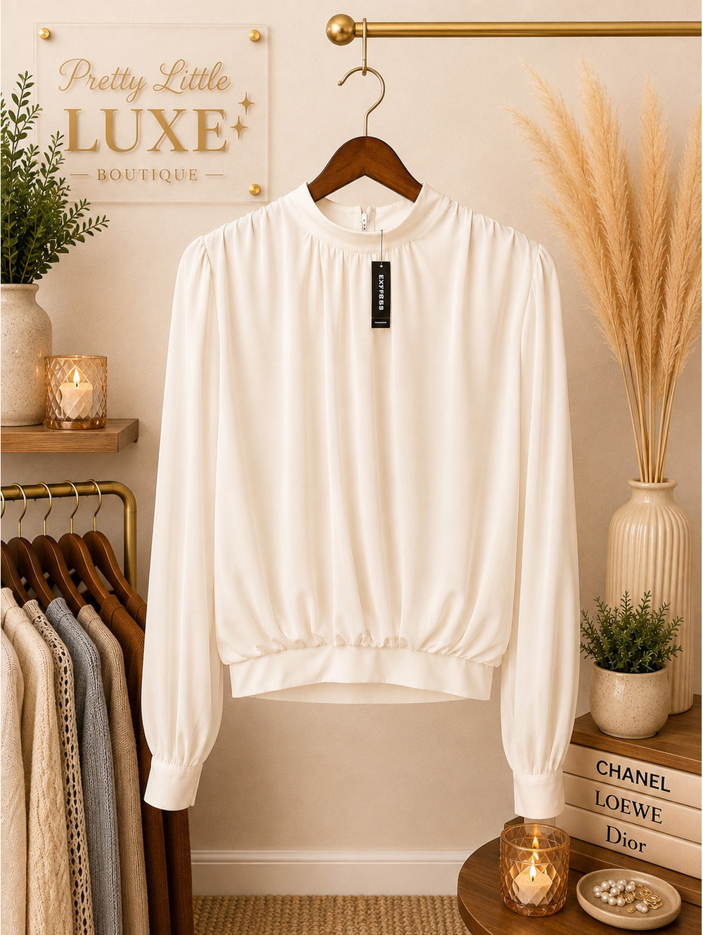 NWT Express Ivory Padded Shoulder Ruched Mock Neck Top - Size XS